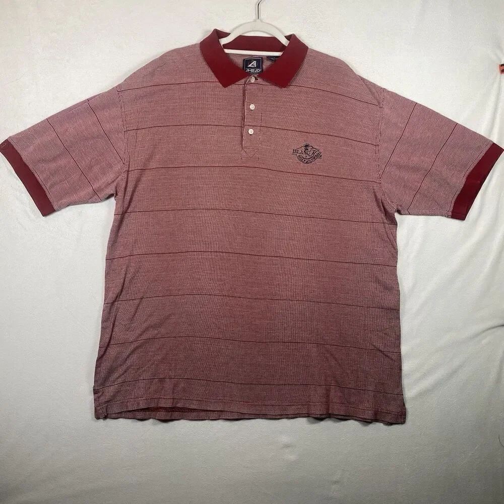 Ahead Authentic Men’s Polo Shirt Burgundy Striped Island Hills Logo Golf Casual